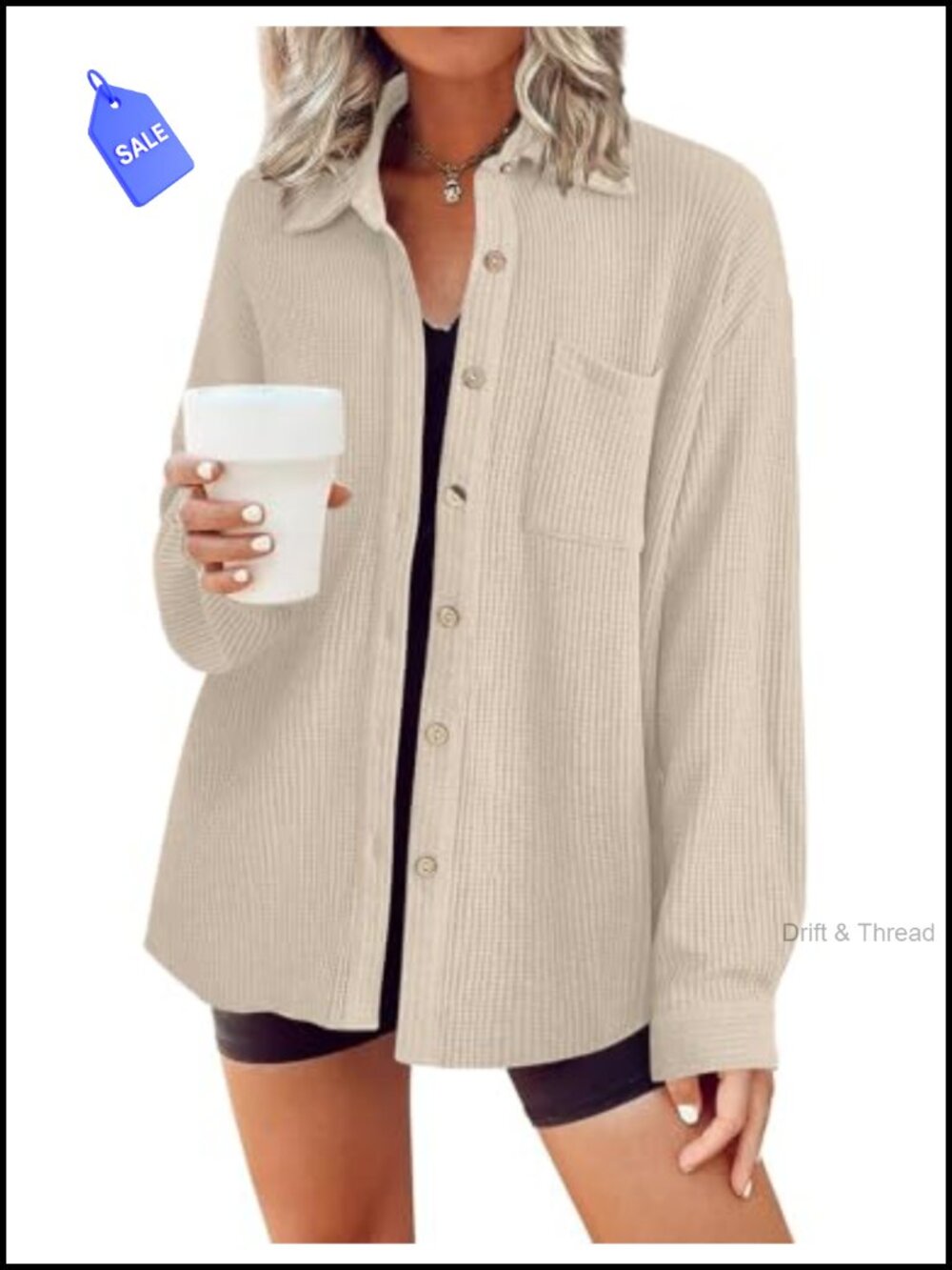 Waffle Knit Button Down Shirt Long Sleeve Shacket with Pocket